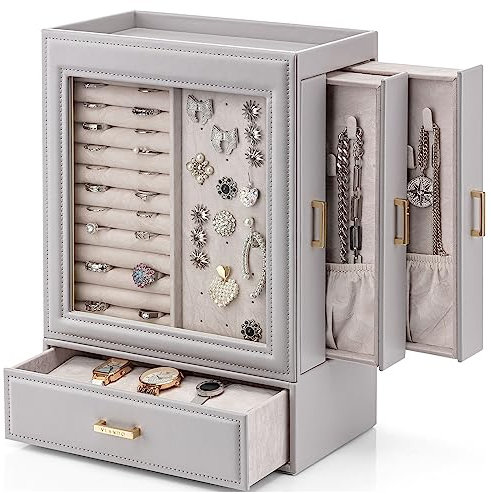 Vlando Large Jewellery Organiser with Glass Window Jewellery Box for Necklaces Earrings Rings Bracelets Watches Jewellery Storage Case Christmas for Women Girls