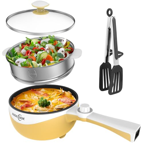 Audecook Hot Pot Electric,Mini Electric Skillet Portable Nonstick Sauté Pan with Power Adjustment, Rapid Ramen Cooker Travel Multicooker Electric Pot for Steak/Soup (I(yellow/1.7L with steamer))