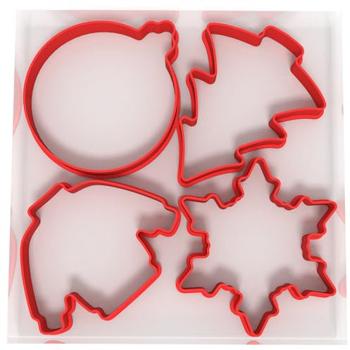 Just Cutters Christmas Shape Cookie Cutter Bauble Tree Snowflake Jumper | Set of 4 Plastic Cutters for Baking, Fondant, Clay, Pastry, Icing, Jewellery (8CM)