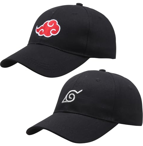 BJPERFMS Narut Cap, 2PCS Narut Mütze, Narut Kappe, Narut Baseball Cap, Cosplay Anime Basecap, Verstellbarer Sonnenhut, Bedruckte Basecap Geschenke für Fans (Schwarz)
