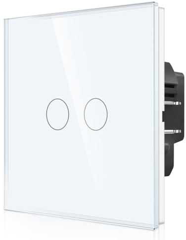 CNBINGO Interruptor de luz táctil con terminal enchufable Interruptor de pared doble empotrado Interruptor táctil de 2 vías con LED de estado y panel de vidrio 300 W/compartimento blanco