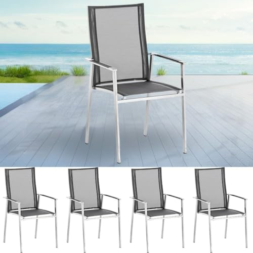 LEBENSwohnART 4er-Set Premium Hochlehner 100cm Gartenstuhl Acero schwarz Textilene Edelstahl stapelbar
