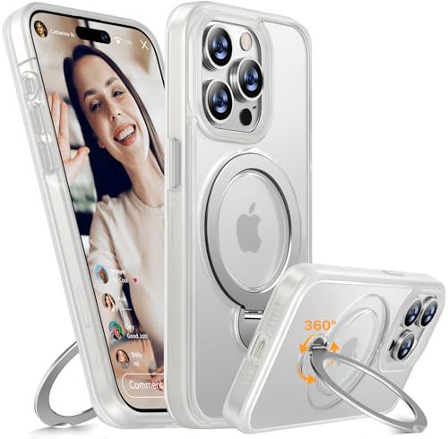 Miracase for iPhone 15 Pro Max Case: 360° Spin Magnetic Stand Cases with MagSafe Shockproof Matte Translucent Protective Covers for iPhone 15 Pro Max Cover with Ring Holder (Clear White)