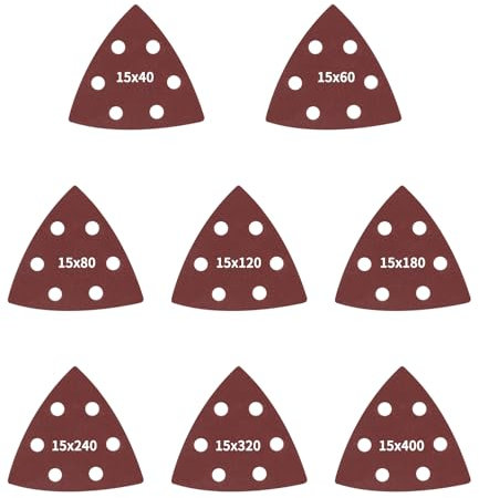 Bixury Carta Vetrata Triangolari,120 Pezzi Levigatrice Triangolare Carta Vetrata Triangoli Abrasivi 6 Fori 93 x 93 x 93 mm con Velcro15 x Grana 40/60/80/120/180/240/320/400 per Levigatura Lucidatura S