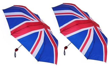 Pack of 2 - Union Jack Compact Umbrella Red White Blue British Flage Mini Folding Brolley Umbrella