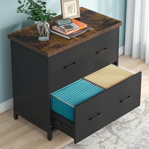 Tribesigns 2-Drawer File Cabinets, Wood Lateral Filing Cabinet for Home Office, Small File Cabinet for A4, Letter-Size Files, Brown and Black