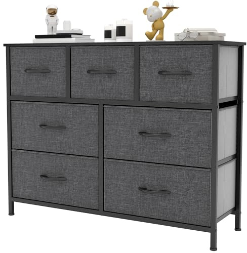 YITAHOME Kommode,Kommode mit 7 Schubladen,Schrank,Stoffschubladen mit Griffen,Kommodenschrank mit Stabiler Stahlrahmen,Dauerhaft,Schwarz Grau
