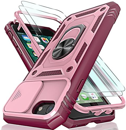 for iPhone SE 2022 / SE 2020, iPhone 8 & iPhone 7 Case with Camera Cover Slider, 2*Screen Protectors,Build in 360°Rotating Ring Kickstand, Military Grade Protective Case for iphone 8-Wine Red/Pink