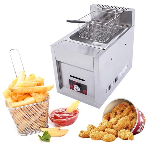 SFNIOKFG Fritteuse, gewerbliche Gasfritteuse, 6 l/12 l, Fritteuse aus Edelstahl mit Arbeitsplattenkorb, Gewürztrog für Pommes Frites zu Hause (6 l)