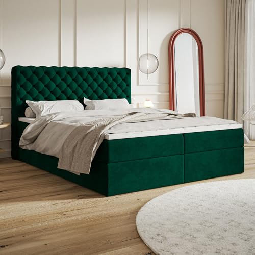 MOTIVENA Nero Chesterfield Boxspringbett 180x200 mit Bettkasten und Topper, Polsterbett 180x200 mit Bettkasten, Taschenfederkern-Matratze (H3), Visco Topper (H2), Samt, Grün (Dunkelgrün)