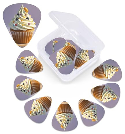 Niedliche Cupcake-Gitarrenplektren mit Organizer-Box, 0,46 / 0,71 / 0,96 mm, inkl. dünner, mittelschwerer Dicke, abstrakte Gitarrenplektren für E-Gitarre, Ukulele, Bass, 12 Stück