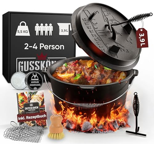 GUSSKÖNIG Essential Line Dutch Oven Set 3,9 Liter [für 2–4 Person] – Eingebrannter Feuertopf mit Füße, inkl. praktischem Deckelheber, Ringreiniger, Pflegepaste, Bürste & Rezeptbuch – 30 Jahre Garantie