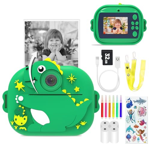 Kinderkamera Sofortbildkamera, 2,4 Zoll Display Digitalkamera für Kinder mit Druckpapier & 32G TF Karte, 1080P HD VideoKamera mit farbigen Stiften, Geschenk für Kinder 3-12Jahr