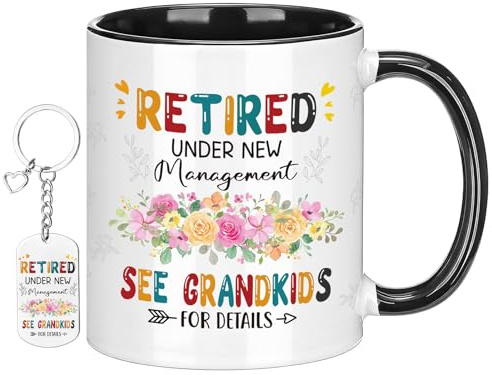 Aoesuny Retirement Gifts for Women Men Funny Retired Mug and Keychain Set | Retired Under New Management See Grandkids for Details Ceramic Coffee Cup Happy Retirement Gifts for Mom Nana Aunt Birthday