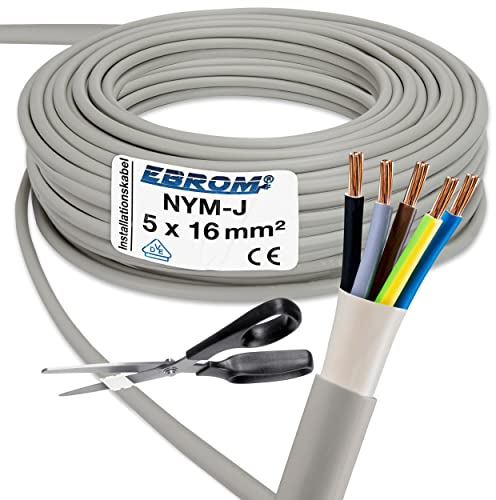 EBROM NYM-J 5x16 mm² - Mantelleitung - Installationskabel - Feuchtraumkabel - Hausanschluss - grau - Auswahl in 1 Meter Schritten, auf den Meter genau - Ihre Auswahl: NYM-J 5x16 mm2, Länge: 15 Meter