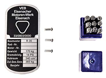 Typenschild für EMW R35 mit Kerbnägeln und Schlagzahlen
