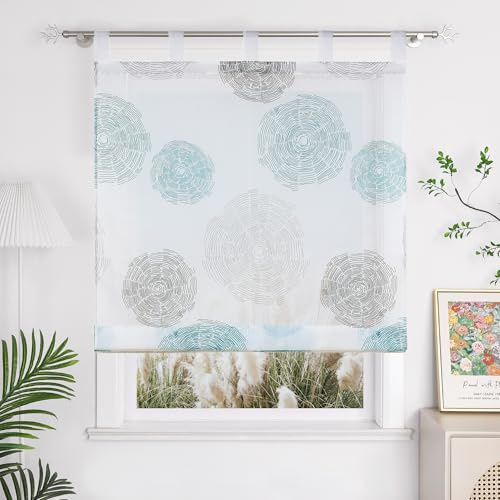 Yujiao Mao Voile Raffrollo mit Schlaufen, Weiß Blau, BxH 60x150 cm | Moderne Raffgardine mit Kreis-Muster, Halbtransparente Küchengardine, Raffrollo für Küche und Wohnzimmer, Sichtschutz