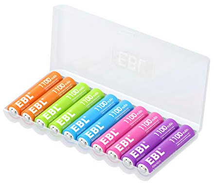 EBL 10PCS Piles Rechargeables AAA, Piles AAA R03 1,2V Rechargeables Colorées NI-MH, avec Boîte de Stockage de Piles