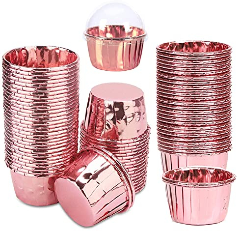 50 Pcs Pirottini di Foglio di Alluminio, Pirottini da Forno USA e Getta, Piccoli Stampi per Muffin, per Realizzare Muffin, Budini e Dessert, Compleanno, Matrimonio (Con coperchio)
