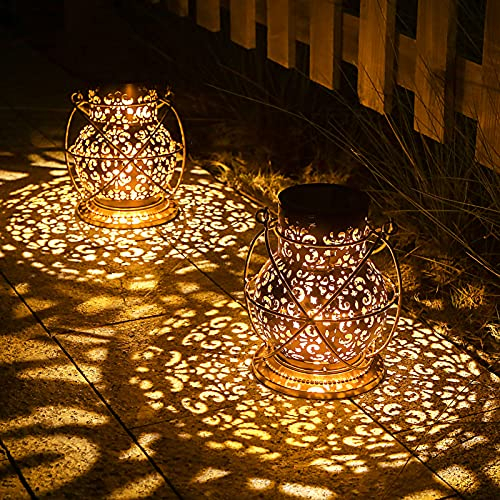 2 Stück Solar Laternen für Draußen, IP65 Wasserdicht Vintage Solarlaterne für Außen Hängend, JOYCREATOR Metall warmweiße LED Solarlampen für Außen Garten Deko Terasse Balkon Outdoor Tisch Geschenk