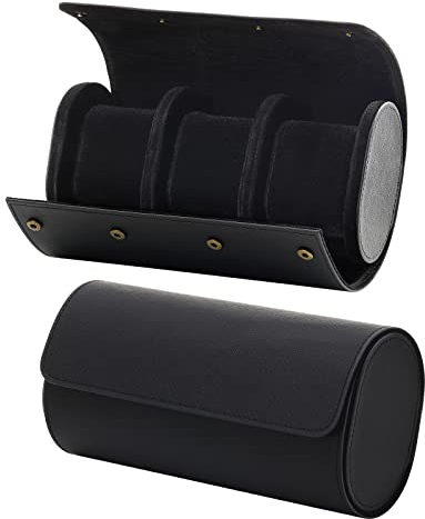 Emibele Uhrenrolle, 3 Slots Uhrenbox für Damen und Herren, PU Leder Uhren Organizer mit Abnehmbaren Kissen & Festen Fächer für Aufbewahrung zu Hause, Reise und Display, Schwarz