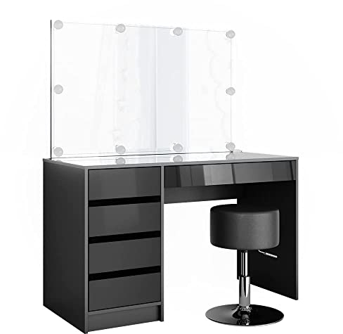 Vicco Schminktisch Sherry, Anthrazit Hochglanz, 120 cm mit LED Beleuchtung und Hocker