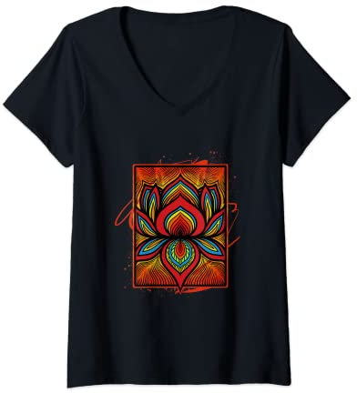 Damen Yoga Mandala Lotus Guatama Buddha T-Shirt mit V-Ausschnitt
