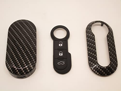 Cover Chiave Guscio + Tasti Tastini In Gomma Compatibile Con Fiat 500 Grande Punto Evo Bravo Panda 500L Lancia Y Ypsilon Musa Delta Scocca Carbon Look Telecomando (Carbon + Tasti)