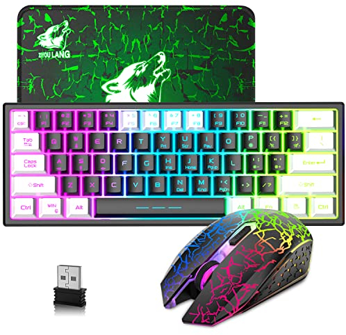 60% Compatto Tastiera E Maus Wireless Gaming Retroilluminata - 2.4G 61 Tasti 3800mAh Type-c Ricaricabile RGB LED Keyboard - 2400 DPI Luce Respiratoria Mouse Per PC Xbox Copritasti in Bianco E Nero