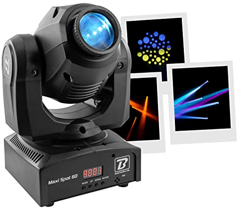 BoomToneDJ Maxi Spot 60 Tête mobile LED RGB 60W Lyre spot pour soirée Disco DJ Eclairage de scène Spot DMX Automatique Détection musicale. Lumière 7 gobos Shake Stroboscope pour bar, Club, mariage.