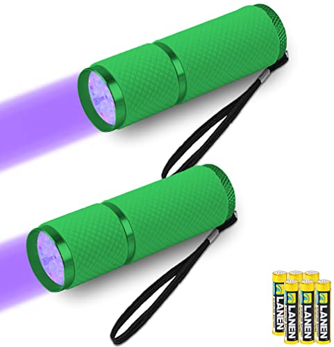 LEAGY 2er-Pack Mini-UV-Taschenlampe mit 9 LEDs und Batterien - Haustier-Urin-Detektor für Hund/Katze, fluoreszierende Mittel, trockene Flecken, Fälschungserkennung, Banknoten, Bettwanzen usw (Grün)