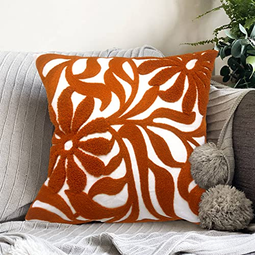 Alysheer – Housse de coussin décorative brodée de fleurs de style rustique, motif de fleurs touffues pour canapé, lit, sofa, salon (orange brûlé), 45,7 x 45,7 cm