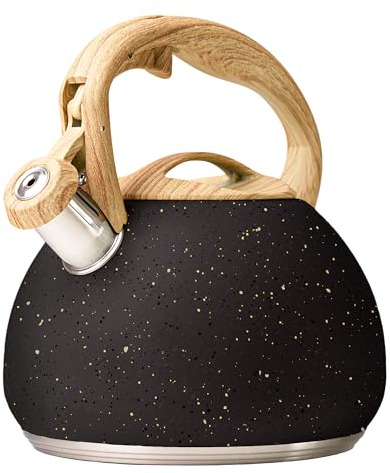 La Moustache - Hervidor de Agua Silbante【3L】de Acero Inoxidable para 12 Tazas | sin BPA, Ø25 cm Apto para Inducción, Gas y Vitrocerámica con Asa Ergonómica Antiquemaduras, Diseño Vintage (Negro)
