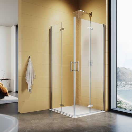 SUNXURY Cabina de ducha de esquina 90 x 120 cm, puerta plegable de 180º, altura de 195 cm, doble puerta giratoria de 6 mm de cristal templado nano