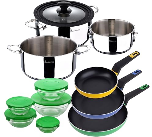 Set de batería de cocina en acero inoxidable + 3 sartenes Ø18Ø22Ø26cm en aluminio prensado + 5 boles de cristal con tapas San Ignacio