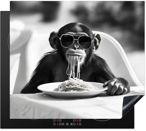 KitchenYeah© Herdabdeckplatte Einteilig 60x52 cm Küche Ceranfeld Abdeckplatte Cerankochfeld Abdeckung Induktionskochfeld Schutzmatte Affe - Spaghetti - Sonnenbrille - Schwarz Weiß - Tier