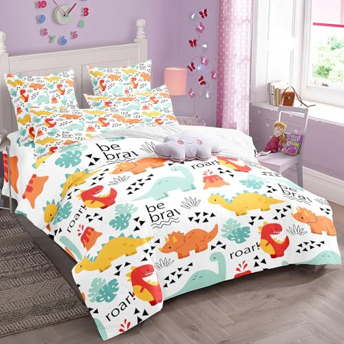 RZPFQB Dinosaurier Gelb Orange Kinder Bettwäsche 135x200 Bettwäsche Set für Teens Jungen Mädchen Kinderbettwäsche Cartoon Dino Bettbezug Set Dino Microfaser Bettwäscheset