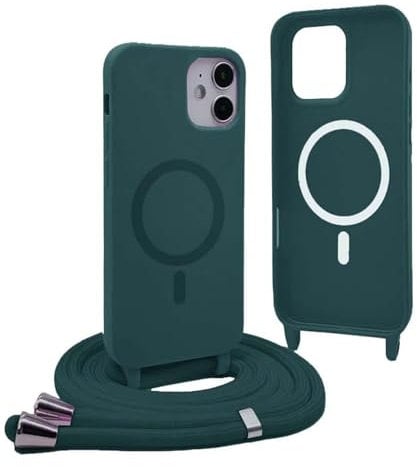 Magnetic Cover for iPhone 12 Mini with Lanyard, Compatible with MagSafe, Silicone Case with Adjustable Neck Strap Nylon Chain Necklace – Green