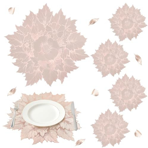 comfoyar Rose Gold Flower Leaf Placemats Set of 6, 38cm Washable Wipeable Vinyl Blooming Place Mats, Waterproof Oil Proof Table Mats for Kitchen Dining Party Table Decoration