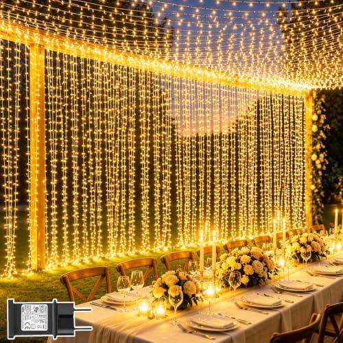 Lichtfam Cortina de Luces, 6x3m 600 LED Cascada Luces con Enchufe