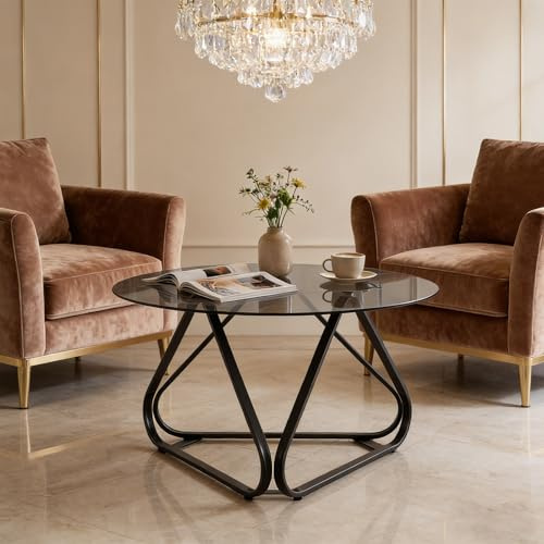 RELAX4LIFE Table Basse Ronde 80 CM en Verre Trempé, Table de Salon Ronde Transparente avec Cadre Métallique, Design Moderne Géométrique, Coussinets de Pied Réglables, pour Maison Appartement (Noir)