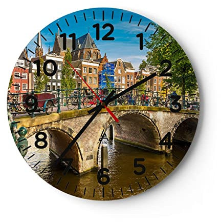 Modern Wanduhr amsterdam Bögen Architektur Gebäude 40x40cm Rund Groß Wand Uhr Glas Analog Zimmeruhren Küche Büro Wohnzimmer Glasuhr Wall Clock Dekoration Design Wanddekoration Küchenuhr C4AR40x40-3173