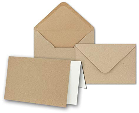 NEUSER PAPIER Kraftpapier-Set - Karten - ca. B6 inklusive Briefumschläge & Einlegeblätter - 200er-Set - Blanko Recycling Einladungskarten in Naturbraun - bedruckbare Postkarten