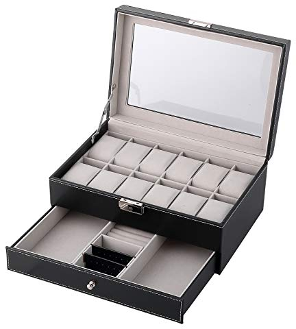 Uten Uhrenbox 12 Uhren, Uhrenkasten Herren, Schmuckkästchen Damen, Uhrenkoffer mit Schublade, Schlüssel, Weihnachtsgeschenke, Schwarz