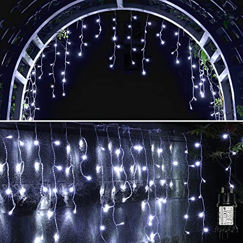 YOSION Eisregen Lichterkette, 300 LED 9M Warmweiß und Weiß Eiszapfen Lichterkette mit Timer Wasserdicht, Lichtervorhang für Außen Weihnachten Halloween Dachkante Balkon Dekor