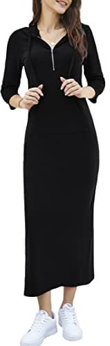 MISSKY Women Casual Pocket Quarter-Zip Neck 3/4 Sleeve Slim Split Pullover Hoodie Maxi Dress, Black-front Pocket-3/4 Sleeve, M