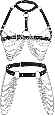 NICEIGHT Punk Leather Body Chains for Women Layered Waist Belly Chain Belt Black Chest Chain Gothic Party Rave Body Jewelry