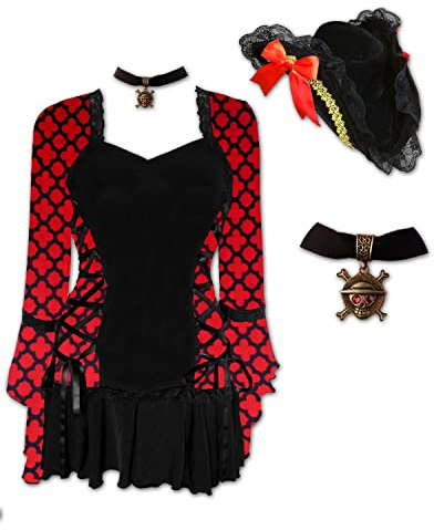 Dare to Wear Corsair Piraten-Kostüm: Veloursmütze, Jolly Roger Choker und viktorianisches Gothic-Damen-Korsett-Oberteil, Bolero Top, Red Queen, L