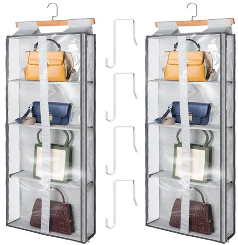 Silkfly 2 Pack Hanging Purse Organizer for Closet Clear Handbag Storage Hanger with Zipper Holder over The Door Wardrobe Tote Bag Storage Holder for Bedrooms Living Room(Gray)