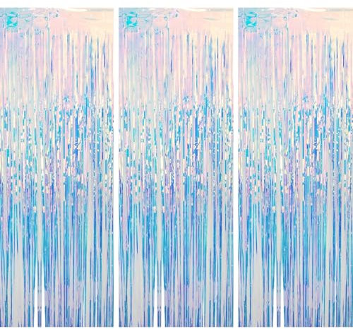 O-Kinee Lametta Vorhänge Irisierende Glitzer,3 Stück Party Vorhang, Folienfransen Tinsel Curtain,Fotowand Hintergrund Dekoration für Frozen Meerjungfrau Mädchen Meer Quallen Pool Party 1m x 2m